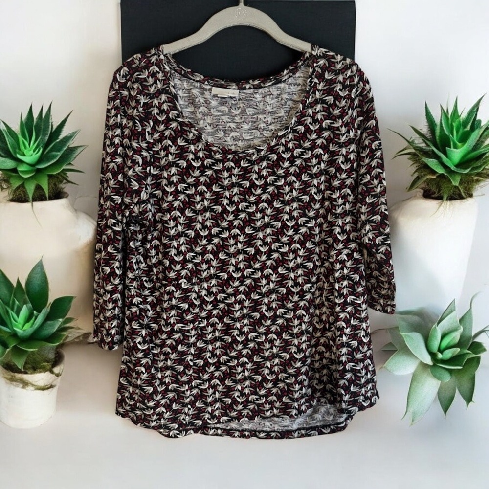 J.Jill Floral SMALL Print 3/4 Sleeve Scoop Neck Knit Top Small Red‎ Black White